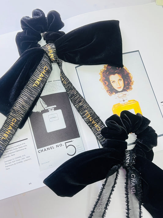 CC-ribbon black & gold chanel ribbon & velvet scrunchie