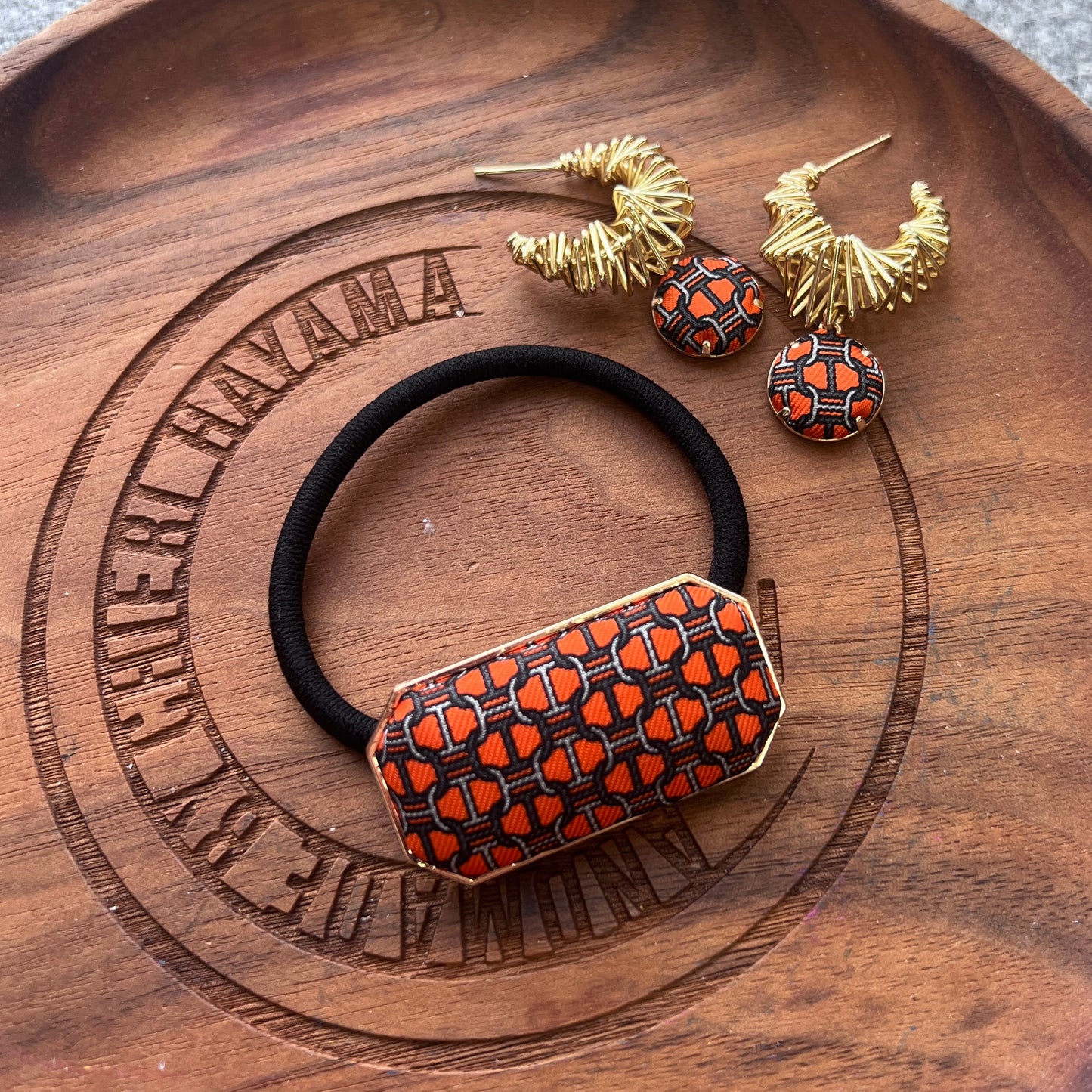 H-H Orange & Black iconic Maillon pattern H0007- Hairband/ earring/ O-shape Clip