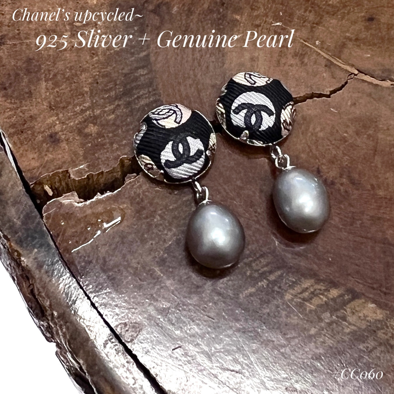 CC- Black, Grey & Beige with CC logo bubble CC060-  genuine Pearl earrings