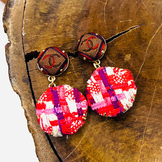 CC- Mocha with Marine & Wine Square pattern CC logo- CC034- hairband/ Hairpin/ earring