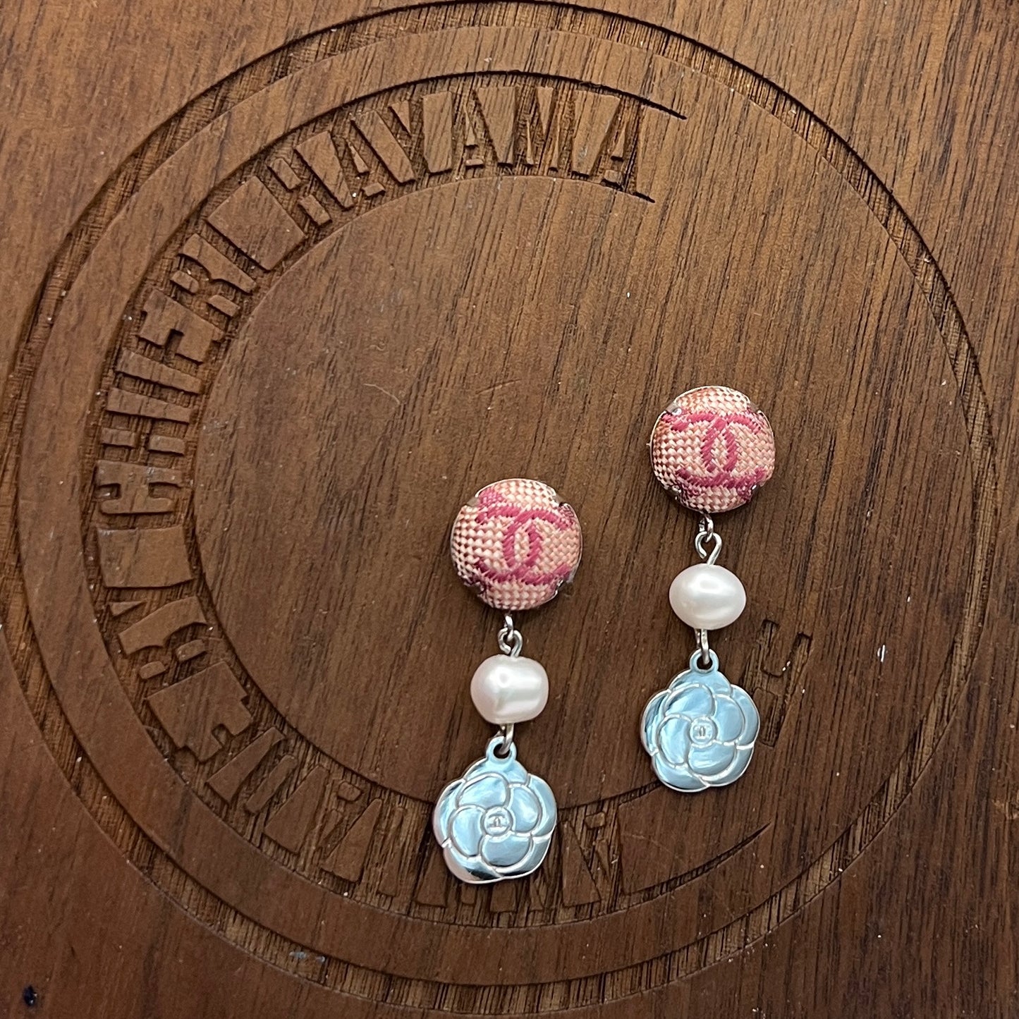 CC- pink camellia with CC logo- CC111 - earring
