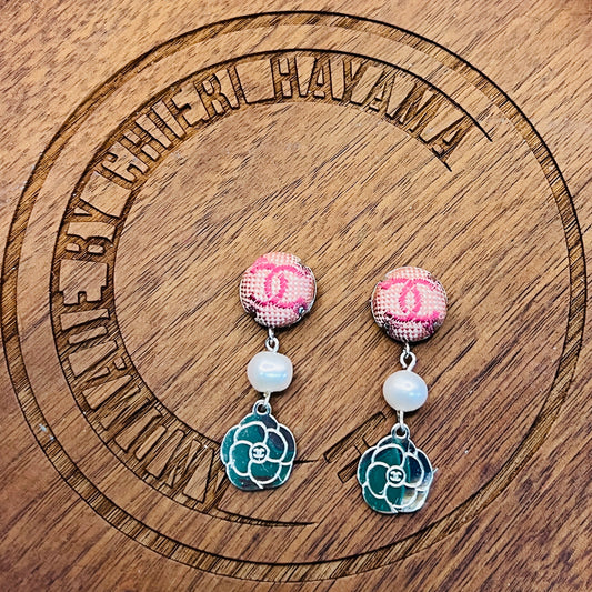 CC- pink camellia with CC logo- CC111 - earring