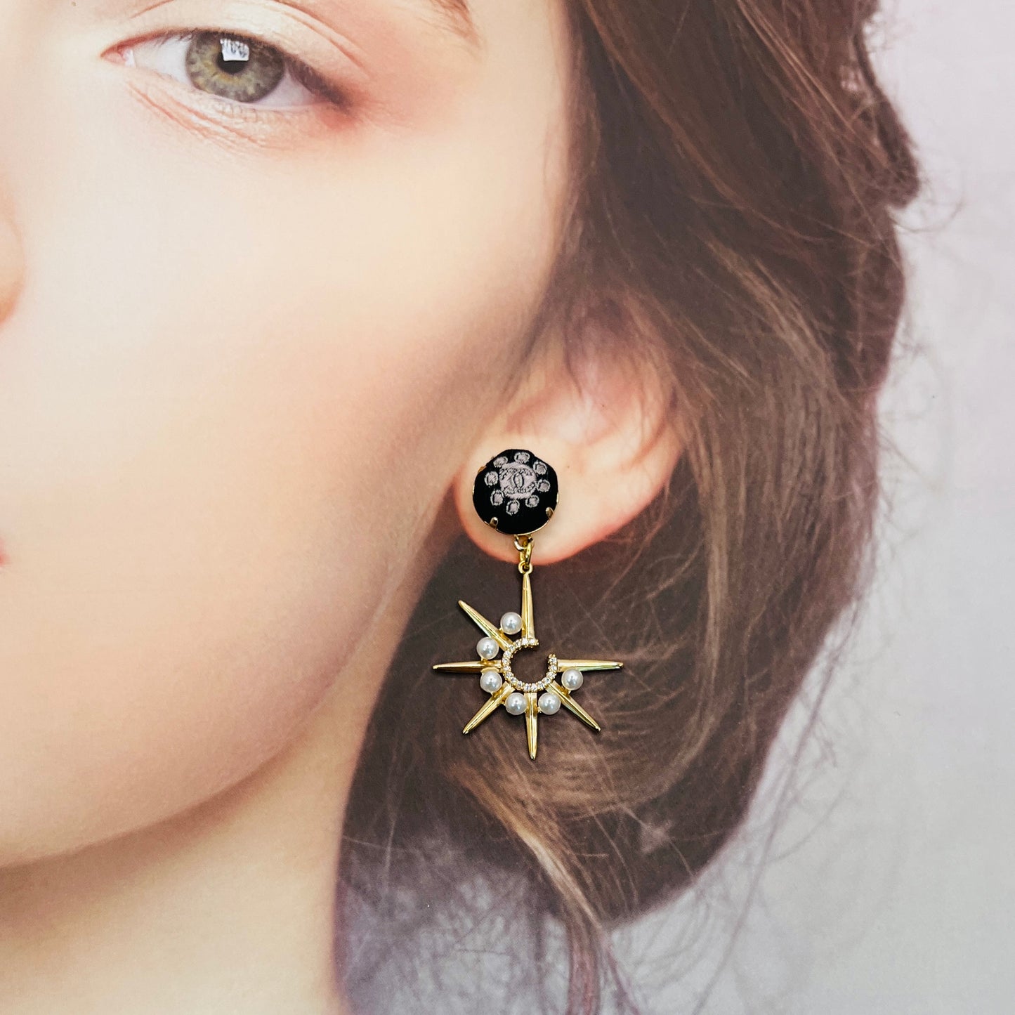 CCC- CC062-black & pale pink Sun Logo- drop earring