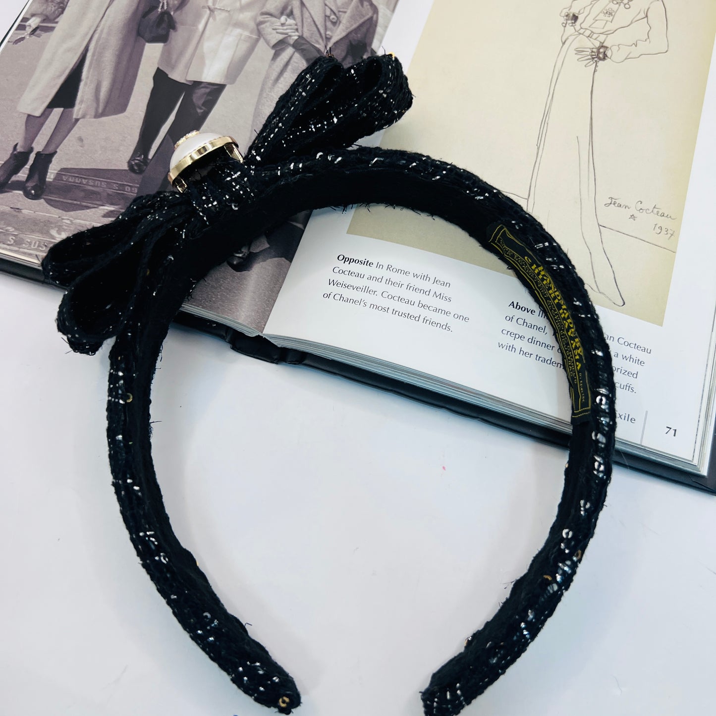 CC-ribbon black & gold headband with CC charm