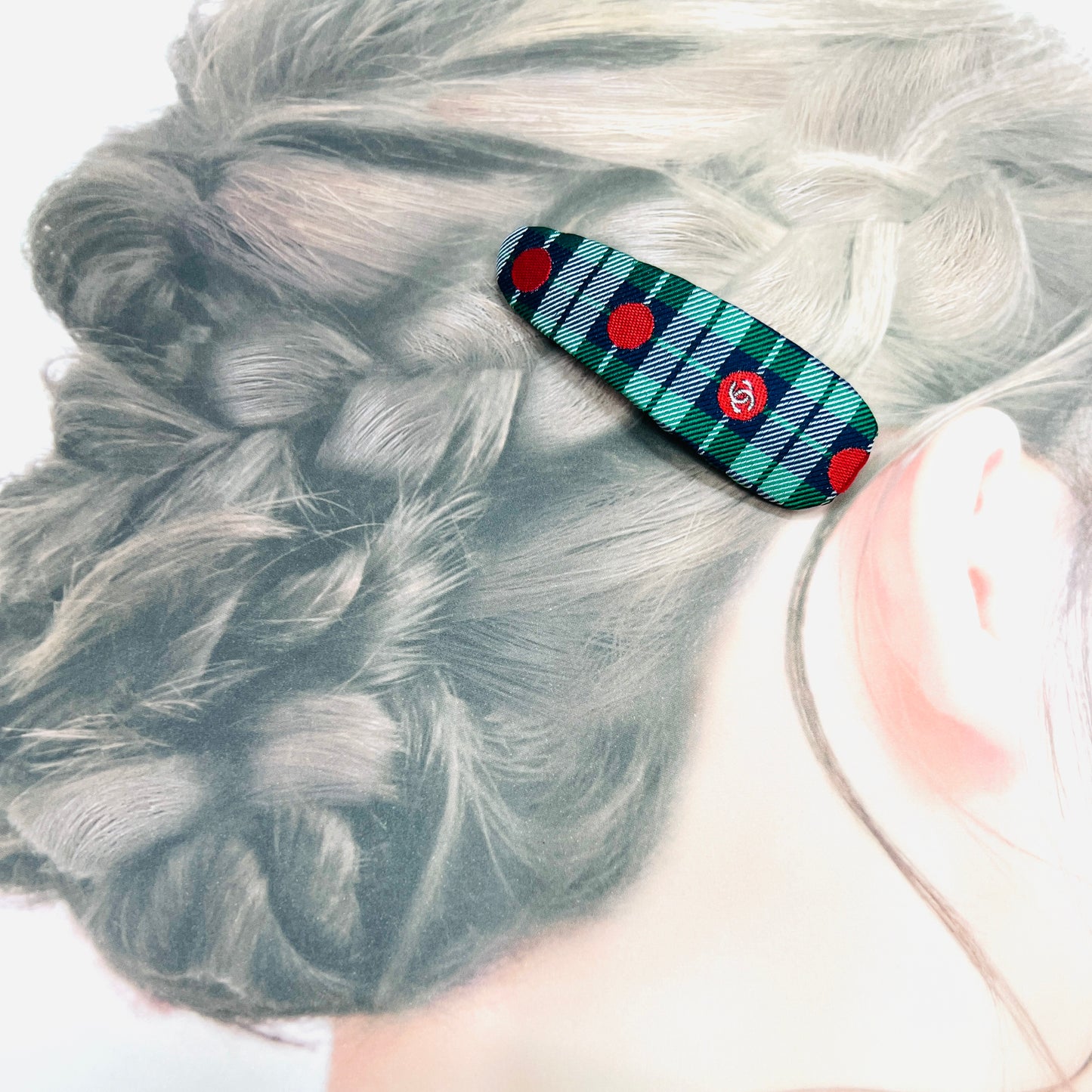 CC- Christmas Tree Green & Red Checks pattern CC logo- CC043- hairband/ earring