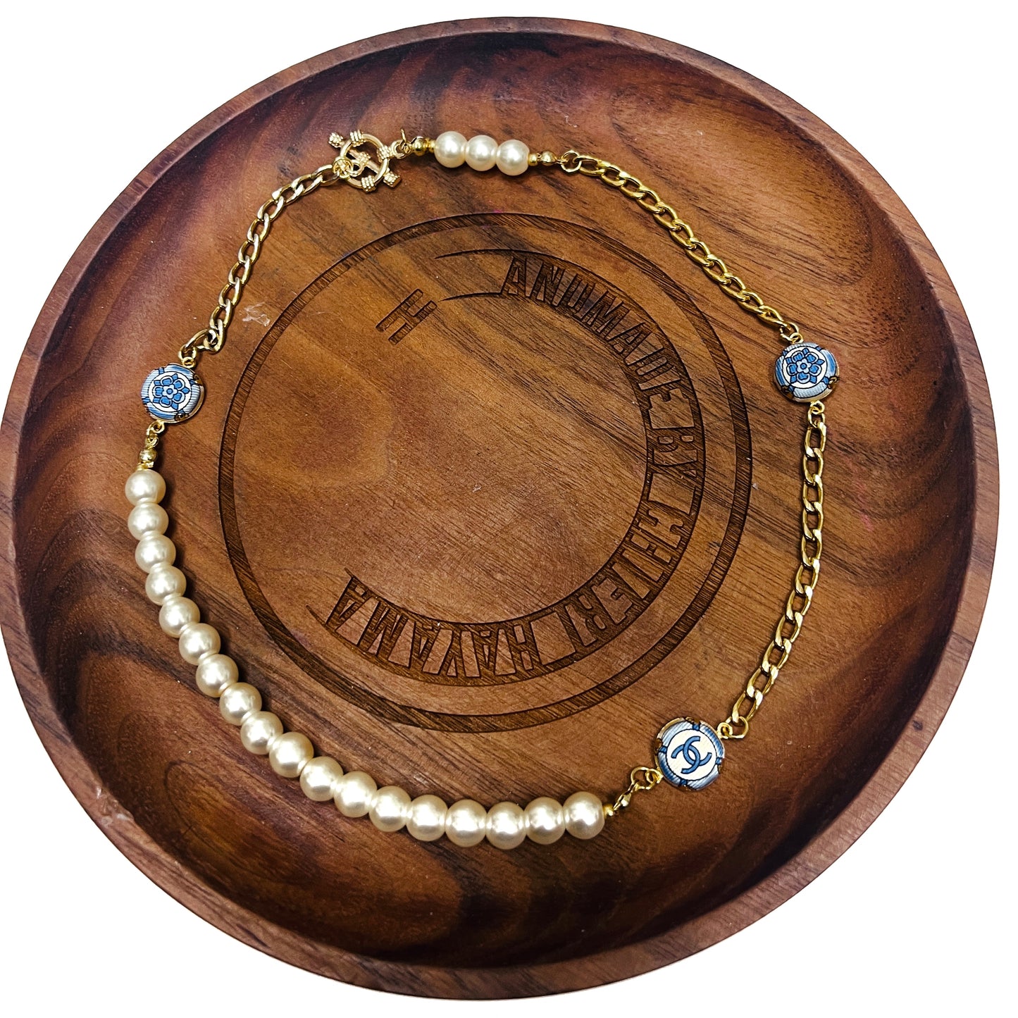 CC- Copen Blue Camellias with CC logo CC0695- genuine pearl necklace