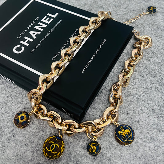 CC- Mocha with navy blue vintage pattern CC logo - CC093- necklace