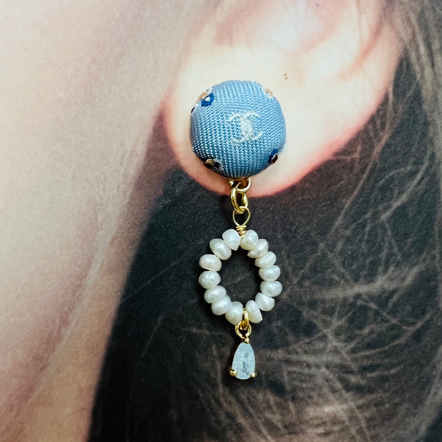 CC-Robin egg & white with CC logo- CC004- genuine pearl earring