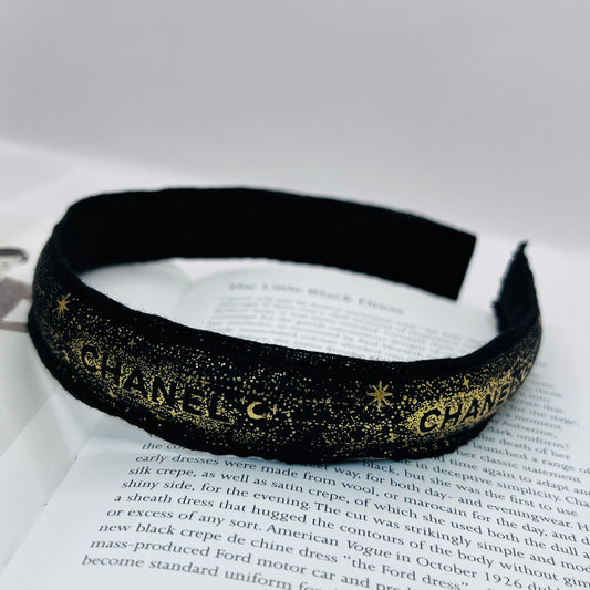 Upcycled Chanel ribbon headband - black & gold star