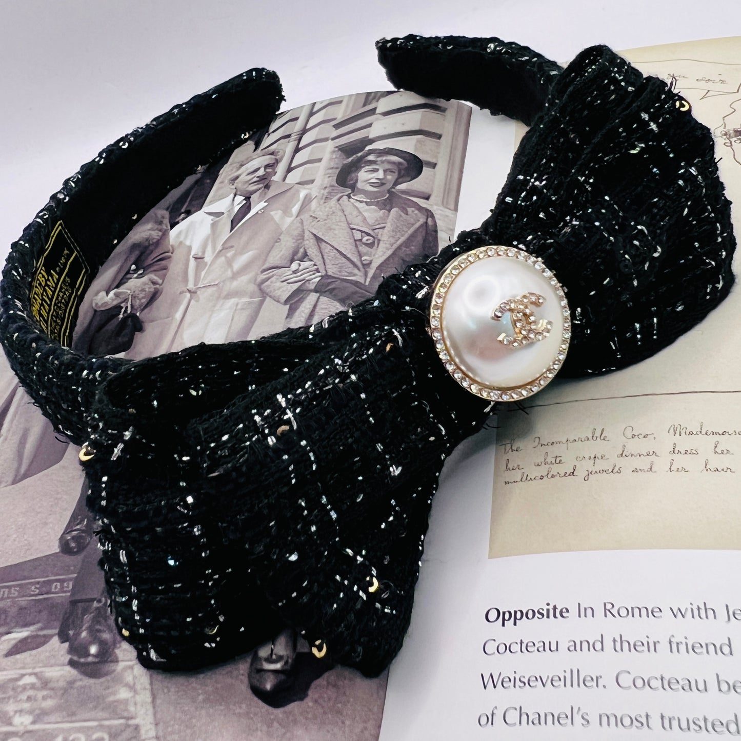 CC-ribbon black & gold headband with CC charm