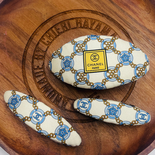 CC- Copen Blue Camellias with CC logo CC0695- hairclip