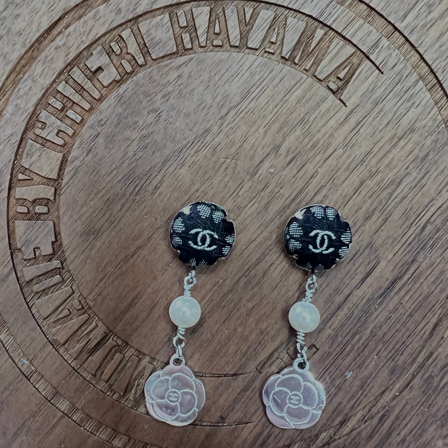 CC- black camellia with CC logo- CC136 - earring