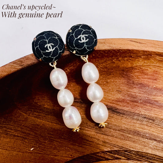 CC- Black & White Camellias with CC logo CC039-  genuine Pearl earrings (Copy) (Copy)