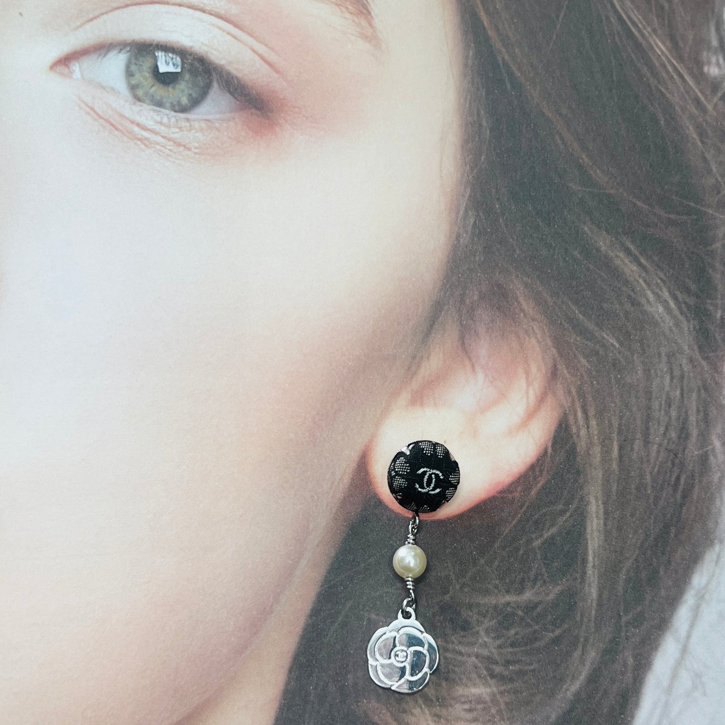 CC- black camellia with CC logo- CC136 - earring