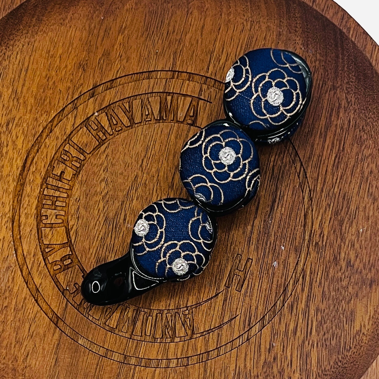 CC- CC0081- Navy & Rose Gold camellia with CC logo- banana clip