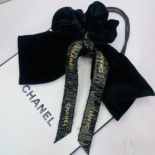 CC-ribbon black & gold chanel ribbon & velvet scrunchie