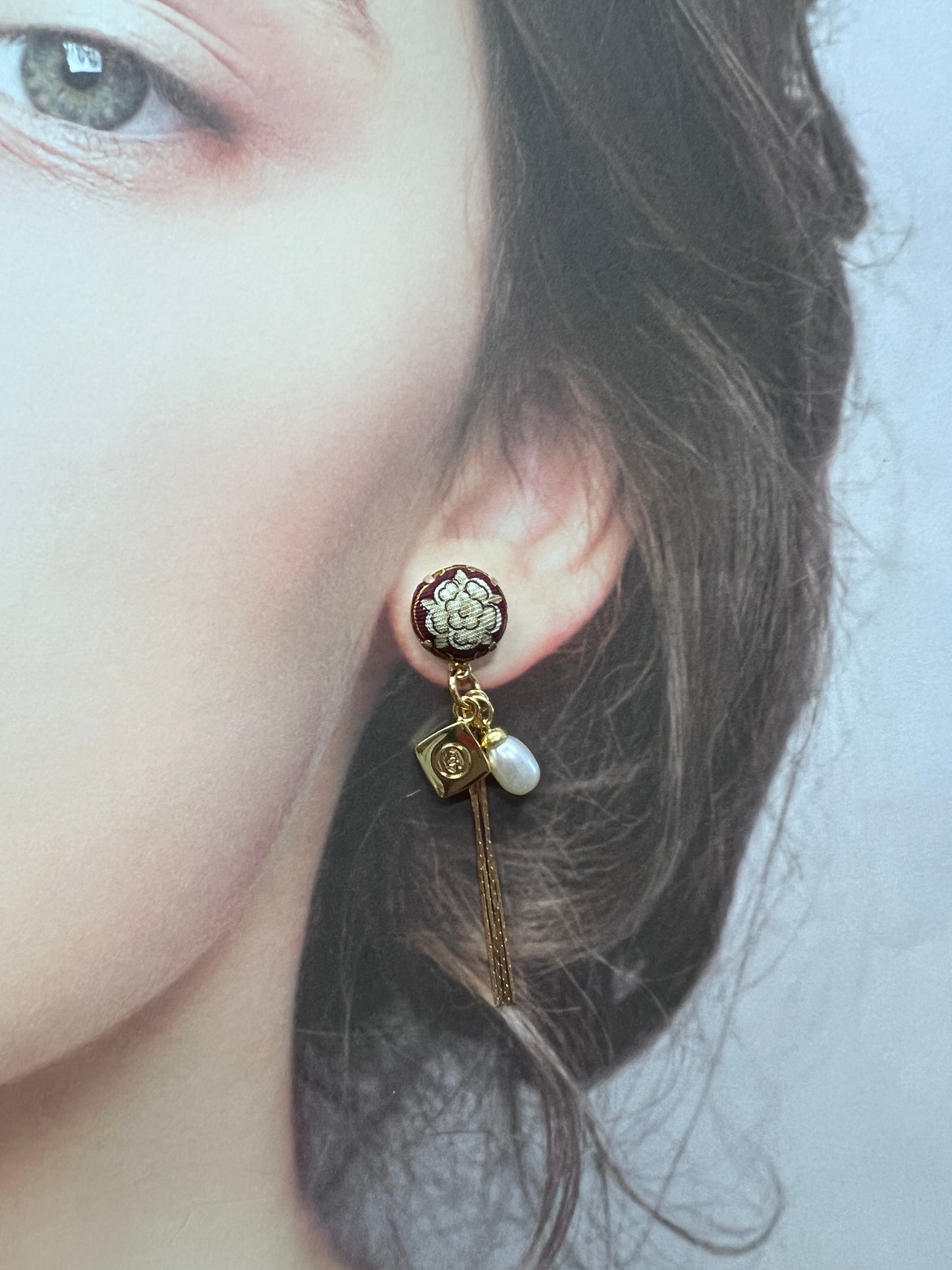 CC- vintage beige camellia & burgundy CC070- earrings