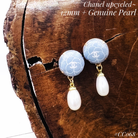 CC- Cinderella Blue Camellias with CC logo CC068- genuine Pearl earrings