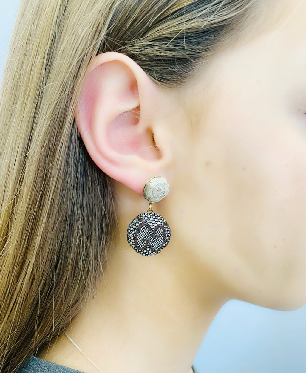 GG- GG classic Brown & Beige monogram Tweed- GG007- Drop earring