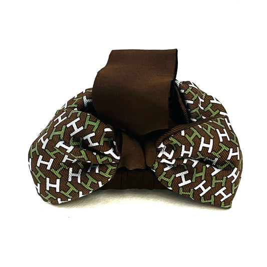 H-H0062- Chestnut with Palm & White H pattern- Double Ribbon Big Shark Clip