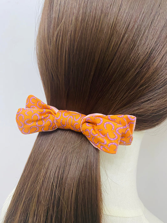 H-H0005- Classic H orange & Pink Horn- Double Ribbon Hairclip