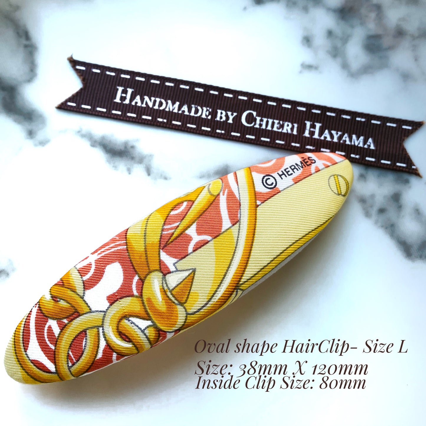 H-H Orangeade with White Big H & Citrus Yellow Chain pattern- Oval shape HairClip