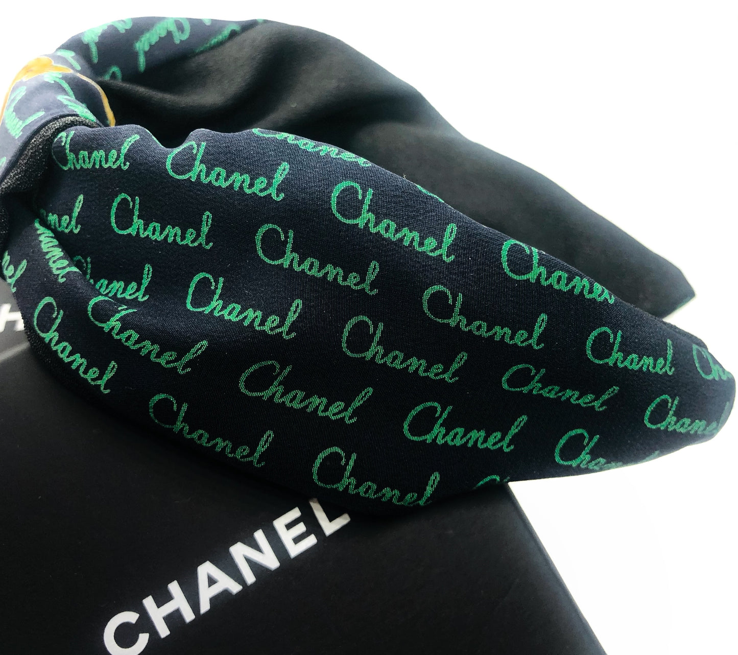 CC- Deep Navy Blue with Green CC monogram- CC037 - Headband/ earring/ hairband/ Scrunchie