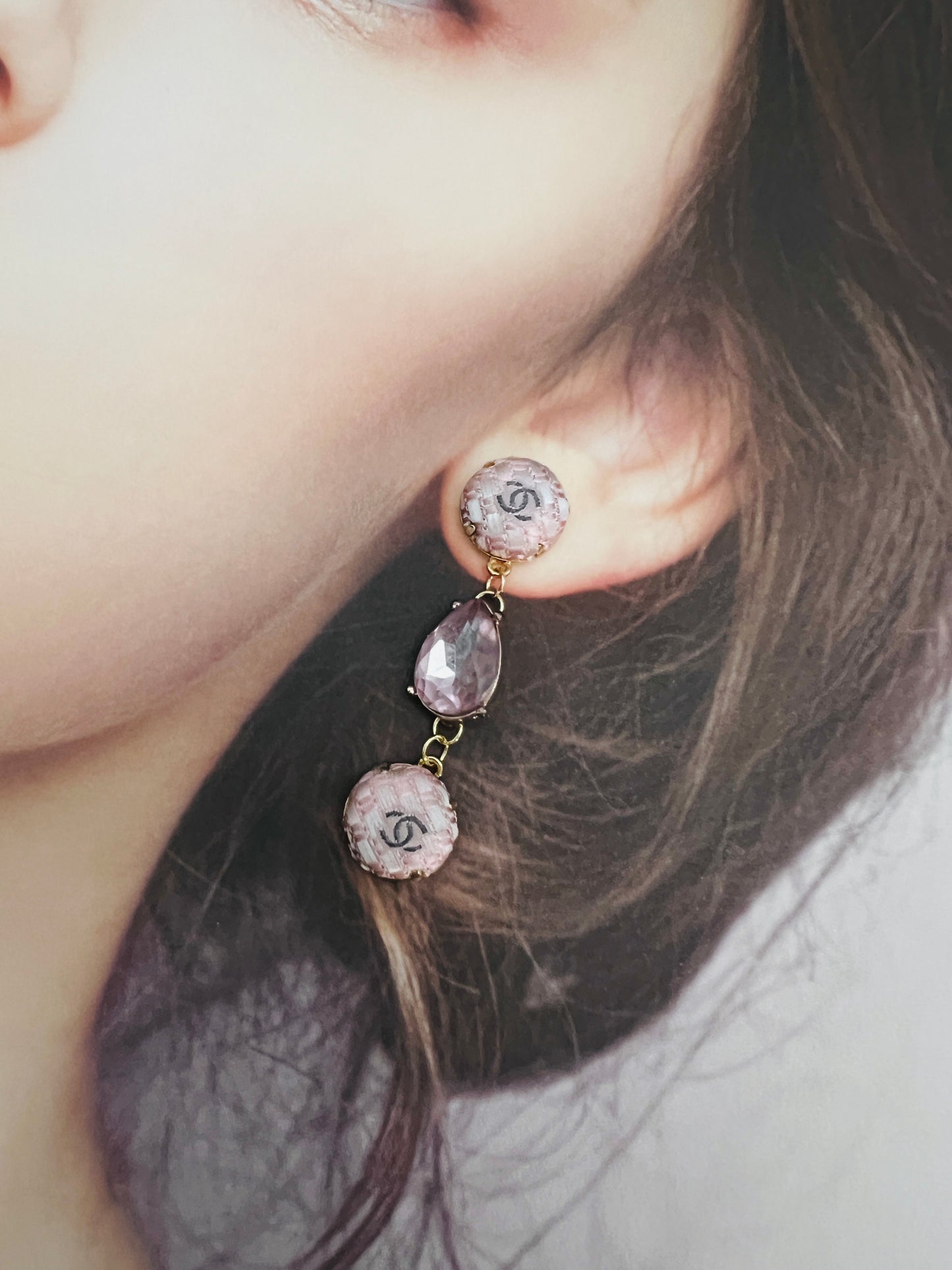 CC- Pink Tweeds & Pearl CC logo- CC023- earring collection