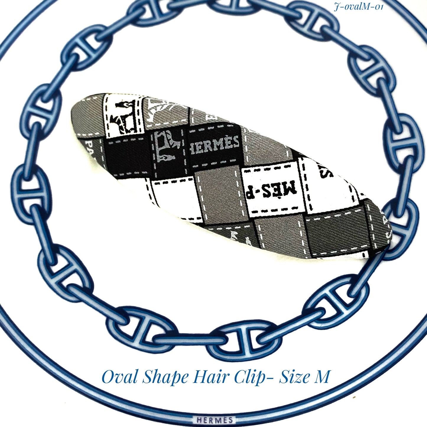 H-H icons Ribbons Black, Grey & White  - Oval Shape hairclip