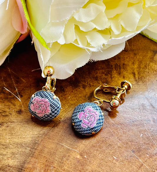 CC- Houndstooth pattern with Pink Camellias- CC003- Clip earring