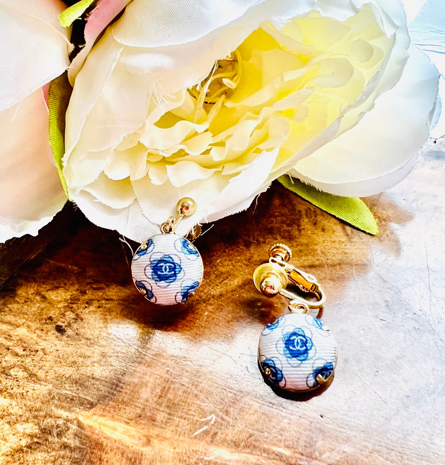 CC- Haze with Cope and Astral Blue Camellias- CC001- Clip earring