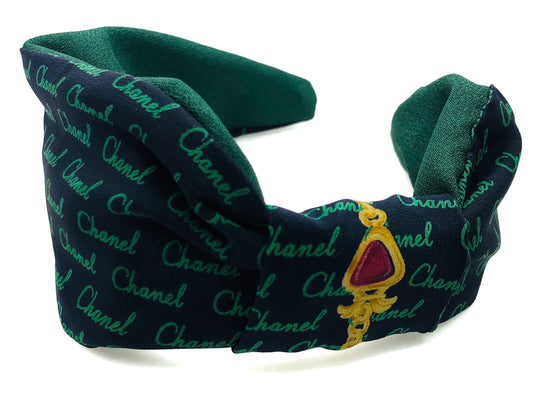 CC- Deep Navy Blue with Green CC monogram- CC037 - Headband/ earring/ hairband/ Scrunchie