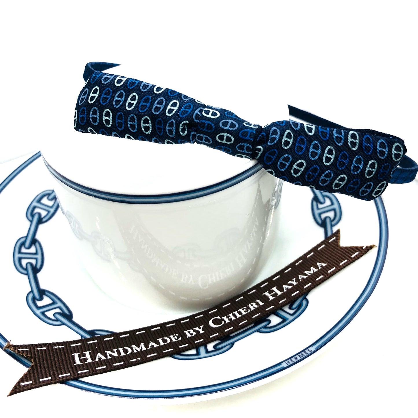 H-H0038- Royal Blue with Ocean Blue & Spa Blue iconic 'Link' pattern- Mini Ribbon Headband