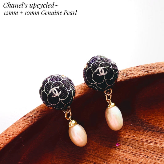 CC- Black & White Camellias with CC logo CC039-  genuine Pearl earrings