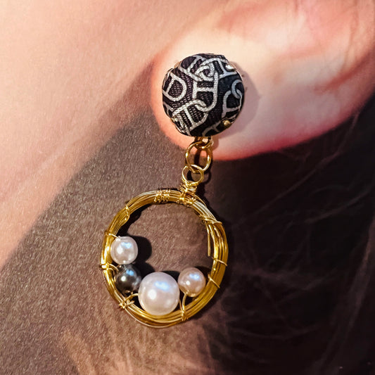 H-H0016 black & grey maillon -drop earring-