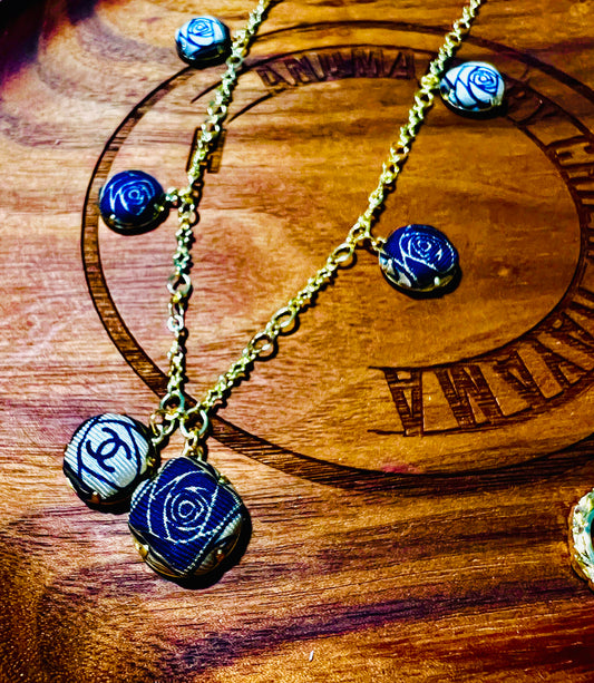 CC- beige & royal blue Camellias with CC logo CC040- necklace