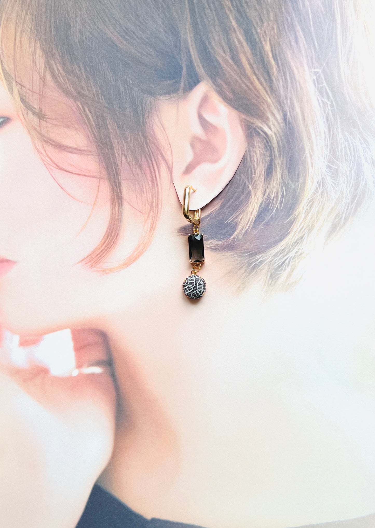 H-H0016 black & grey maillon -drop earring-