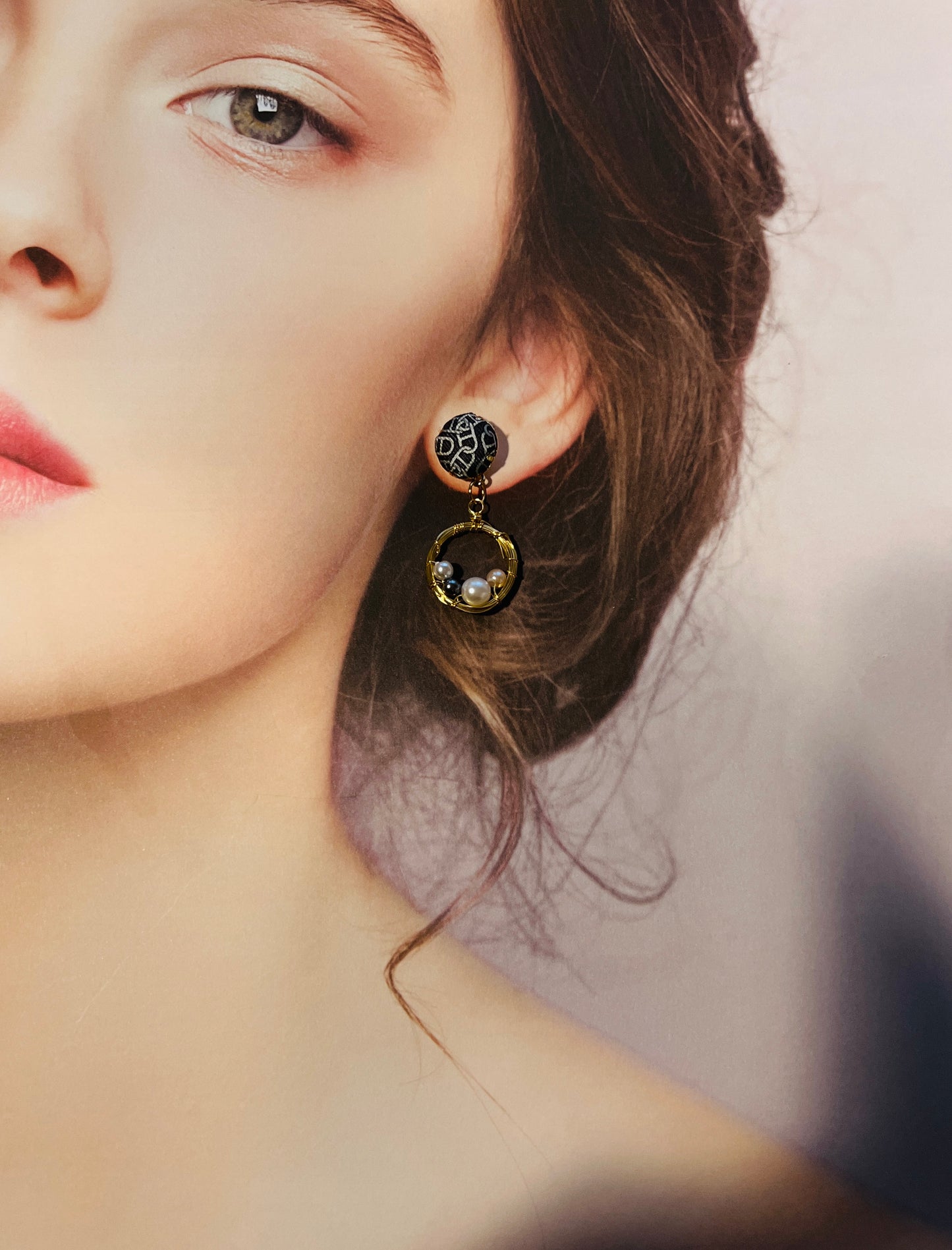 H-H0016 black & grey maillon -drop earring-